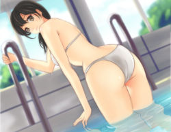 Rule 34 | 1girl, ass, bad id, bad pixiv id, bikini, black hair, brown eyes, day, dutch angle, highres, long hair, looking back, original, partially submerged, ponytail, pool, reflection, smile, solo, swimsuit, wading, water, white bikini, x&amp;x&amp;x