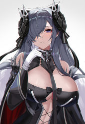 Rule 34 | 1girl, absurdres, august von parseval (azur lane), azur lane, black dress, black ribbon, breasts, cape, clothing cutout, commentary, cross, dress, eternity (shadeh), fur-trimmed cape, fur trim, gloves, grey hair, hair over one eye, hair ribbon, hand up, highres, horns, iron cross, large breasts, long hair, long sleeves, looking at viewer, mechanical horns, midriff, parted lips, purple eyes, revision, ribbon, simple background, smile, solo, upper body, white background, white gloves, wide sleeves