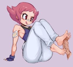 Rule 34 | 1girl, ass, barefoot, breasts, creatures (company), eyebrows, feet, footjob, game freak, gloves, highres, leotard, leotard under clothes, maylene (pokemon), nintendo, pants, penis, pink hair, pokemon, pokemon dppt, red eyes, shiny skin, shirt, short hair, simple background, soles, spicy bardo, toes, tongue, uncensored