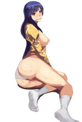 Rule 34 | 1girl, absurdres, agent aika, aika (series), ass, blue hair, blush, breasts, brown eyes, commentary request, delmo, delmogeny uniform, dress, gag, gagged, ghhoward, golden delmo, highres, juliet sleeves, legs, long hair, long sleeves, lying, medium breasts, nipples, on side, open clothes, open dress, panties, pantyshot, puffy sleeves, rie petoriyacowa, simple background, sitting, skirt, socks, solo, sweat, tears, thighs, underwear, uniform, white background, white panties, white socks, yellow dress