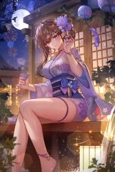 Rule 34 | 1girl, absurdres, barefoot, blush, breasts, brown hair, cup, fireworks, floral print, hair ornament, haori, highres, holding, holding cup, japanese clothes, kimono, kimono skirt, lantern, large breasts, long hair, looking at viewer, moon, night, night sky, obi, outdoors, paper lantern, providence project, purple kimono, sash, short kimono, sitting, sky, smile, solo, thigh strap, tokkuri, wide sleeves, wind chime, yolanda