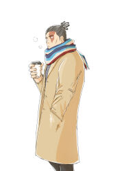 Rule 34 | 1boy, black hair, breath, coat, cup, disposable cup, feet out of frame, from side, highres, jujutsu kaisen, kobikimaru, male focus, scar, scar across eye, scarf, short hair, sideburns, solo, standing, toudou aoi (jujutsu kaisen), winter clothes