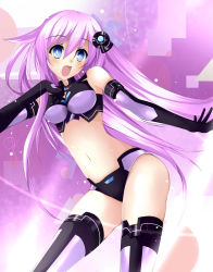 Rule 34 | 10s, 1girl, black gloves, blue eyes, breasts, breasts apart, choujigen game neptune, cowboy shot, elbow gloves, gloves, hair between eyes, head tilt, highres, long hair, looking at viewer, navel, nepgear, neptune (series), open mouth, purple hair, purple sister, short shorts, shorts, solo, standing, stomach, thighhighs, very long hair