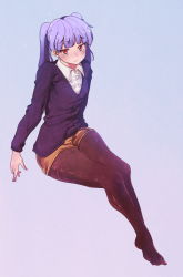 Rule 34 | 1girl, alternate costume, androgynous, black pantyhose, blue background, blush, buttons, collared shirt, formal, full body, highres, jp06, knees together feet apart, legs, legs together, long hair, long sleeves, looking at viewer, no shoes, pantyhose, purple hair, puzzle &amp; dragons, red eyes, shirt, sitting, skirt, solo, twintails, yd (orange maru), yellow skirt, yomi (p&amp;d)