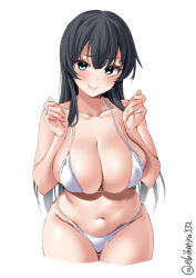 Rule 34 | 1girl, agano (kancolle), aqua eyes, bare shoulders, bikini, black hair, blush, breasts, closed mouth, collarbone, cowboy shot, cropped legs, ebifurya, hands up, highres, kantai collection, large breasts, leaning forward, long hair, looking at viewer, navel, one-hour drawing challenge, simple background, skindentation, smile, solo, stomach, strap gap, sweat, swimsuit, thigh gap, thighs, twitter username, very long hair, white background, white bikini, wide hips