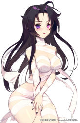 Rule 34 | 1000marie, 1girl, bandages, black hair, blush, breasts, hair down, heterochromia, lab rat rabian, long hair, looking at viewer, mummy, nail polish, naked bandage, official art, open mouth, purple eyes, ravian (soccer spirits), soccer spirits, solo, watermark, white background