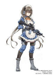 Rule 34 | 1girl, apron, assault rifle, black gloves, black hair, black thighhighs, blouse, blue shirt, blue skirt, boots, bow, bowtie, breasts, camouflage, cleavage, ear protection, frilled apron, frilled skirt, frills, full body, gakaku pr, gloves, grey footwear, gun, hair between eyes, hashtag, holding, holding weapon, holster, juliet sleeves, knee pads, load bearing vest, long hair, long sleeves, looking at viewer, maid, maid apron, maid headdress, medium breasts, military, orange bow, orange bowtie, original, parted lips, puffy sleeves, rifle, shirt, sideways glance, skirt, tactical clothes, tactical maid, thighhighs, unconventional maid, urban camouflage, v-shaped eyebrows, weapon, white background, wrist cuffs, yellow eyes