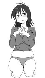 Rule 34 | 1girl, antenna hair, blush, breasts, character request, cleavage, closed mouth, collarbone, copyright request, embarrassed, full body, greyscale, highres, interlocked fingers, kona ming, large breasts, long sleeves, looking at viewer, medium hair, monochrome, navel, no pants, own hands together, panties, seiza, shirt, simple background, sitting, solo, spiked hair, underwear, wavy mouth, white background