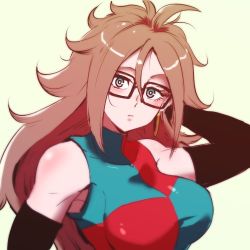 Rule 34 | 1girl, android 21, arm up, bare shoulders, black-framed eyewear, blue eyes, breasts, brown hair, checkered clothes, checkered dress, commentary request, curly hair, detached sleeves, dragon ball, dragon ball fighterz, dress, earrings, expressionless, glasses, hoop earrings, jewelry, kemachiku, long hair, looking at viewer, lowres, medium breasts, sleeveless, sleeveless dress, solo, two-tone dress, very long hair