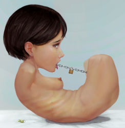 Rule 34 | 1girl, all the way through, amputee, bdsm, black hair, bondage, bound, breasts, chain, crying, crying with eyes open, from side, full body, guro, ikelag, key, lock, looking at viewer, looking to the side, lying, medium breasts, nipples, on back, open mouth, original, padlock, quadruple amputee, saliva puddle, short hair, simple background, skinny, small breasts, small nipples, solo, tears, tongue, tongue out, what