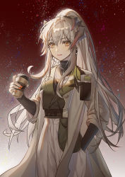 Rule 34 | 1girl, absurdres, arknights, brown background, coat, coffee cup, cowboy shot, cup, disposable cup, gradient background, grey background, grey hair, hand in pocket, highres, holding, holding cup, horns, long hair, looking at viewer, nail polish, pink lips, ponytail, saria (arknights), shixian900, solo, standing, very long hair, white coat, yellow eyes