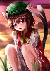 Rule 34 | 1girl, absurdres, animal ear fluff, animal ears, arms between legs, blouse, blurry, blurry foreground, brown hair, cat ears, cat tail, chen, cloud, cloudy sky, commentary request, depth of field, earrings, fang, feet out of frame, frilled skirt, frills, grass, green hat, hair between eyes, hat, highres, jewelry, long sleeves, looking at viewer, mahoro (minase mahoro), mob cap, multiple tails, open mouth, outdoors, red eyes, red skirt, red vest, shirt, short hair, single earring, skirt, sky, solo, tail, touhou, twilight, two tails, vest, white shirt