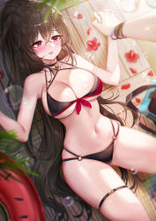 Rule 34 | 1girl, absurdres, armpits, bare arms, bare shoulders, bikini, black bikini, black choker, black hair, blush, breasts, choker, cleavage, flower, front-tie bikini top, front-tie top, halterneck, halterneck, highres, holding hands, iris yuma, large breasts, long hair, looking at viewer, lying, multi-strapped bikini, navel, nose blush, o-ring, o-ring bikini, on back, open mouth, petals, picter, ponytail, red eyes, red flower, smile, solo, soulworker, stomach, string bikini, swimsuit, tatami, thigh strap, thighs, very long hair