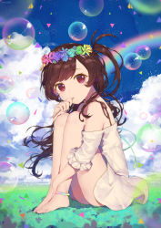 Rule 34 | 1girl, anklet, bare legs, bare shoulders, barefoot, blush, brown hair, blowing bubbles, dress, flower, hair flower, hair ornament, head wreath, highres, hugging own legs, jewelry, knees to chest, long hair, looking at viewer, miebao, original, red eyes, side ponytail, sitting, soap bubbles, solo, white dress