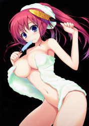 Rule 34 | 1girl, blue eyes, blush, breasts, censored, character request, convenient censoring, food, hand fan, large breasts, long hair, migumigu, naked towel, navel, original, paper fan, ponytail, popsicle, red hair, simple background, solo, towel, uchiwa, wet