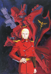Rule 34 | 1990s (style), 1boy, beam rifle, belt, blonde hair, blue eyes, char&#039;s counterattack, char aznable, energy gun, gundam, hand on own hip, highres, holster, kitazume hiroyuki, looking at viewer, mecha, military, mobile suit, nebula, neo zeon, retro artstyle, robot, sazabi, scan, science fiction, shield, star (symbol), starry background, traditional media, uniform, weapon