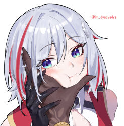Rule 34 | 1girl, :t, diamond-shaped pupils, diamond (shape), dyadyadya, gradient eyes, grey hair, hand on another&#039;s cheek, hand on another&#039;s face, highres, honkai: star rail, honkai (series), jade (honkai: star rail), multicolored eyes, multicolored hair, portrait, puffy cheeks, simple background, solo focus, streaked hair, symbol-shaped pupils, topaz (honkai: star rail), white background