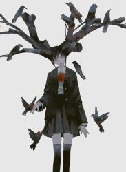 Rule 34 | 1girl, absurdres, antlers, bird, bird on hand, black bird, black hair, black jacket, black skirt, black thighhighs, bow, bowtie, closed mouth, collared shirt, feet out of frame, grey background, highres, horns, jacket, long sleeves, open clothes, open jacket, original, pleated skirt, red bow, red bowtie, school uniform, shirt, shirt tucked in, simple background, skirt, solo, surreal, thighhighs, tuoer, white shirt