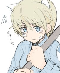 Rule 34 | 10s, 1girl, animal ears, bandaid, blonde hair, blue eyes, brave witches, frown, futenesira, holding, long sleeves, nikka edvardine katajainen, ribbed sweater, shiraba (sonomama futene), short hair, simple background, solo, strike witches, sweater, tears, translated, weasel ears, white background, world witches series