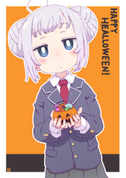 Rule 34 | 1girl, blazer, blue eyes, blush, bowl, candy, closed mouth, collared shirt, double bun, expressionless, food, grey hair, hair bun, halloween, happy halloween, head tilt, highres, holding, holding bowl, jack-o&#039;-lantern, jacket, jitome, lollipop, long sleeves, looking at viewer, necktie, original, pleated skirt, samansa ex, shirt, skirt, solo, wrapped candy
