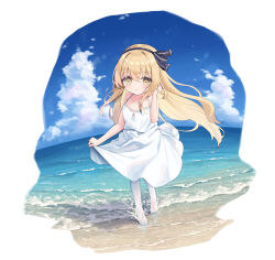 Rule 34 | 1girl, bare arms, bare shoulders, black bow, black hairband, blonde hair, blue sky, bow, breasts, brown eyes, closed mouth, cloud, collarbone, commission, day, dress, hair between eyes, hairband, hand up, highres, horizon, long hair, no shoes, ocean, original, outdoors, pantyhose, satsuki yukimi, skeb commission, skirt hold, sky, sleeveless, sleeveless dress, small breasts, smile, solo, very long hair, walking, water, white dress, white pantyhose