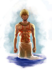 Rule 34 | 1boy, blonde hair, fate/zero, fate (series), gilgamesh (fate), jewelry, male focus, mgk968, necklace, red eyes, topless male, solo, tattoo, water, wet, wet clothes