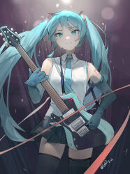 1girl absurdres bare_shoulders black_skirt black_thighhighs blue_hair blue_necktie chinese_commentary closed_mouth collared_shirt commentary_request cowboy_shot electric_guitar eyes_visible_through_hair green_eyes guitar hatsune_miku highres holding holding_instrument instrument long_hair looking_at_viewer microphone miniskirt necktie pleated_skirt real_liz shirt signature skirt sleeveless sleeveless_shirt smile solo standing thighhighs twintails vocaloid white_shirt