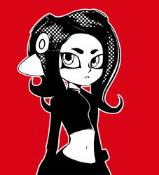 Rule 34 | 1girl, agent 8 (splatoon), greyscale, greyscale with colored background, highres, looking at viewer, midriff, monochrome, murasaki saki, navel, nintendo, octoling, octoling girl, octoling player character, outline, parted lips, red background, simple background, skirt, solo, splatoon (series), splatoon 2, standing, tentacle hair, white outline