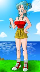 Rule 34 | 1girl, :o, absurdres, armpits, bare arms, bare shoulders, blue eyes, blue hair, breasts, bulma, cleavage, cloud, collarbone, day, dragon ball, dragon ball (classic), dragon radar, feet, female focus, full body, grass, green hair, groin, hair bobbles, hair ornament, hair over shoulder, hand on own hip, highres, holding, large breasts, legs, long hair, looking away, ocean, open mouth, outdoors, radar, red tube top, shoes, short shorts, shorts, side ponytail, sky, sleeveless, sneakers, solo, standing, strapless, sun, thighs, tube top, water, yamamoto doujin