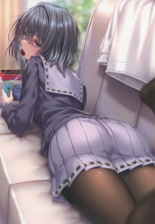 Rule 34 | 1girl, absurdres, ass, ass focus, black hair, blurry, blush, chigami hikage, chocolate, couch, day, eating, food, from behind, green eyes, handheld game console, hanikami kanojo, highres, holding, holding food, indoors, long sleeves, looking at viewer, looking back, lying, mouth hold, on couch, on stomach, pantyhose, piromizu, pleated skirt, sailor collar, scan, short hair, simple background, skin tight, skirt, solo