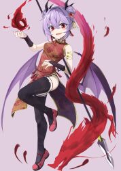 Rule 34 | 1girl, akisome hatsuka, alternate costume, bat wings, china dress, chinese clothes, dragon, dress, fang, pelvic curtain, pointy ears, purple hair, red eyes, red footwear, remilia scarlet, short hair, smile, solo, spear the gungnir, thighhighs, touhou, wings, wrist cuffs