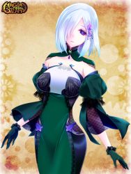 Rule 34 | 1girl, bob cut, breasts, copyright name, dress, gloves, green dress, green gloves, hair ornament, hair over one eye, large breasts, looking at viewer, magia steam, mi3m, purple eyes, short hair, simple background, solo, standing, watermark, white hair, yellow background