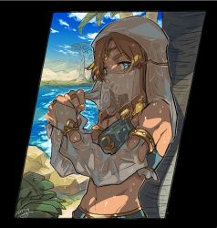 Rule 34 | 1boy, against tree, blonde hair, blue eyes, crossdressing, detached sleeves, gerudo set (zelda), kinako (462), lake, link, looking at viewer, male focus, midriff, mouth veil, navel, nintendo, palm tree, see-through, shade, solo, the legend of zelda, the legend of zelda: breath of the wild, trap, tree, veil, water, wet, wet clothes, wet hair