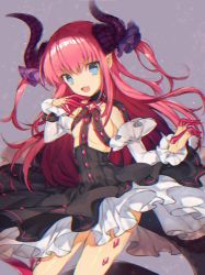 Rule 34 | &gt;:d, 10s, 1girl, :d, black dress, blue eyes, breasts, cowboy shot, detached sleeves, dress, elizabeth bathory (fate), elizabeth bathory (fate/extra ccc), elizabeth bathory (first ascension) (fate), fang, fate/extra, fate/extra ccc, fate (series), frills, hand up, horns, long hair, looking at viewer, open mouth, pink hair, pointy ears, small breasts, smile, solo, two side up, v-shaped eyebrows, yasiromann