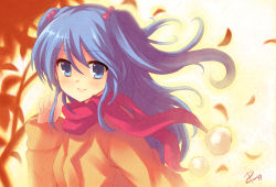 Rule 34 | 00s, 1girl, bad id, bad pixiv id, blue eyes, blue hair, blush, clannad, hair bobbles, hair ornament, ichinose kotomi, kyoto animation, matching hair/eyes, peach88, scarf, smile, solo, twintails