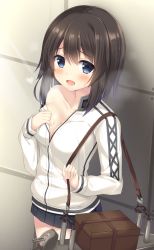 Rule 34 | 10s, 1girl, against wall, bag, black hair, blue eyes, blush, breasts, cleavage, clothes pull, collarbone, commentary request, cowboy shot, gym shirt, handbag, hayasui (kancolle), heart, highres, jacket, kantai collection, light rays, long sleeves, looking at viewer, miniskirt, no bra, off shoulder, open mouth, pleated skirt, shirt, shirt pull, short hair, skirt, smile, solo, strap, tomoo (tomo), track jacket