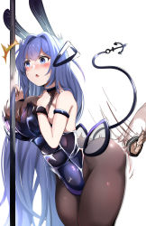 Rule 34 | 1boy, 1girl, absurdres, animal ears, ass, azur lane, bad id, bad pixiv id, black leotard, black pantyhose, blue eyes, blue hair, blush, breasts, cleavage, fake animal ears, fake tail, hair intakes, highres, large breasts, leotard, long hair, new jersey (azur lane), new jersey (exhilarating steps!) (azur lane), official alternate costume, pantyhose, playboy bunny, pole, pole dancing, ripping stepping, see-through, see-through cleavage, spanked, spanking, surprised, tadai nu, tail, very long hair
