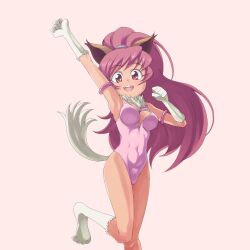 Rule 34 | 1girl, :d, animal ears, animal hands, breasts, brown eyes, cat ears, cat tail, cleavage cutout, clothing cutout, foot out of frame, highres, kaien advance, large breasts, leotard, long hair, looking at viewer, open mouth, perisie (star ocean), pink hair, ponytail, simple background, smile, solo, star ocean, star ocean first departure, tail