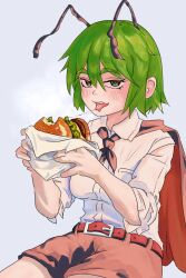 Rule 34 | 1girl, absurdres, antennae, belt, blush, breasts, brown belt, brown shorts, burger, cape, collared shirt, commentary, cowboy shot, english commentary, food, food bite, green eyes, green hair, grey background, hair between eyes, highres, holding, holding burger, holding food, long bangs, looking at viewer, open mouth, pun, red cape, shirt, short hair, short sleeves, shorts, sitting, small breasts, smile, solo, stirfriedspam, tongue, tongue out, touhou, white shirt, wriggle nightbug