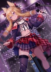 Rule 34 | 1girl, asymmetrical legwear, azur lane, bare shoulders, black jacket, black skirt, black thighhighs, blonde hair, chain-link fence, crop top, cropped jacket, dutch angle, fence, floating hair, grin, hair ears, hair ornament, halterneck, highres, holding, idol, jacket, long hair, long sleeves, looking at viewer, microphone, midriff, miniskirt, navel, off shoulder, open clothes, open jacket, parted lips, plaid, purple eyes, shirt, single thighhigh, skindentation, skirt, sleeveless, sleeveless shirt, smile, solo, stomach, thighhighs, thighs, uneven legwear, warspite (azur lane), warspite (under pleasure) (azur lane), white shirt, yu ni t