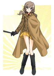 Rule 34 | 1girl, alternate hairstyle, black footwear, black gloves, boots, brown cape, brown eyes, brown hair, brown jacket, cape, chi-hatan military uniform, closed mouth, commentary, folding fan, full body, girls und panzer, gloves, hand fan, holding, holding fan, jacket, knee boots, long sleeves, looking at viewer, low twintails, medium hair, military, military uniform, miniskirt, oosaka kanagawa, pleated skirt, shimada chiyo, skirt, smile, solo, standing, twintails, uniform, yellow skirt