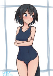 Rule 34 | 1girl, arm under breasts, bare arms, bare shoulders, black eyes, black hair, blue one-piece swimsuit, breasts, collarbone, embarrassed, frown, hair between eyes, highres, kemono friends, looking away, medium breasts, one-piece swimsuit, school swimsuit, shiraha maru, short hair, simple background, solo, superb bird-of-paradise (kemono friends), swimsuit, tail, thigh gap