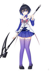Rule 34 | 1girl, absurdres, ahoge, bare shoulders, black footwear, blue eyes, blue hair, bob cut, closed mouth, dress, full body, highres, holding, holding scythe, holding weapon, honkai (series), honkai impact 3rd, long hair, looking at viewer, lrichle, purple sleeves, purple thighhighs, scythe, seele vollerei, seele vollerei (swallowtail phantasm), short hair, simple background, smile, solo, tattoo, thighhighs, weapon, white background, white dress