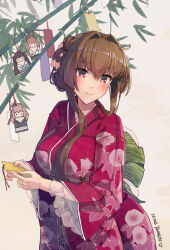 Rule 34 | 1girl, alternate costume, alternate hairstyle, artist name, blush, brown eyes, brown hair, closed mouth, floral print, flower, hair between eyes, hair flower, hair intakes, hair ornament, highres, himeyamato, japanese clothes, kantai collection, kimono, long hair, long sleeves, mutsu (kancolle), nagato (kancolle), pink flower, print kimono, red kimono, saratoga (kancolle), sidelocks, signature, solo, tanabata, wide sleeves, yamato (kancolle)