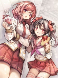 Rule 34 | 10s, 2girls, holding another&#039;s arm, black hair, box, chocolate, gift, gift bag, gift box, grin, hair ribbon, looking at viewer, love live!, love live! school idol project, madogawa, md5 mismatch, multiple girls, necktie, nishikino maki, open mouth, purple eyes, red eyes, red hair, ribbon, school uniform, skirt, smile, thighhighs, twintails, valentine, yazawa nico, zettai ryouiki