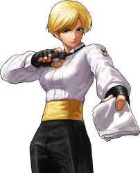 Rule 34 | 1girl, blonde hair, blue eyes, bow, bowtie, breasts, fingerless gloves, gloves, handkerchief, highres, king (snk), king of fighters xiii, large breasts, official art, ogura eisuke, outstretched hand, ryuuko no ken, sash, shirt, short hair, smile, snk, solo, the king of fighters, the king of fighters xiii, transparent background
