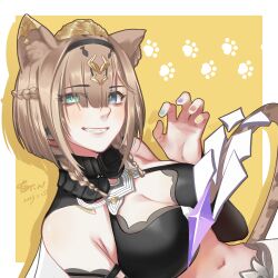Rule 34 | 1girl, animal ear fluff, animal ears, bare shoulders, black hairband, blue eyes, blush, breasts, brown hair, brown nails, claw pose, cleavage, commentary request, dutch angle, green eyes, grin, hair over one eye, hairband, hand up, heterochromia, highres, honkai (series), honkai impact 3rd, looking at viewer, medium breasts, miao budong, multicolored nails, nail polish, navel, pardofelis (honkai impact), purple nails, smile, solo, tail, two-tone background, upper body, white background, yellow background, yellow nails
