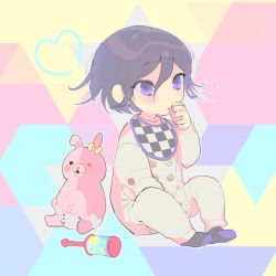 Rule 34 | 1boy, black legwear, black scarf, blue background, blush stickers, bow, buttons, checkered clothes, checkered scarf, commentary request, danganronpa (series), danganronpa 2: goodbye despair, danganronpa v3: killing harmony, diaper, double-breasted, ear bow, flipped hair, hair between eyes, hand up, knees up, long sleeves, luna 11777, male focus, monomi (danganronpa), oma kokichi, pink background, purple hair, purple legwear, scarf, short hair, socks, yellow background