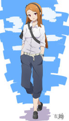 Rule 34 | 1girl, bad id, bad pixiv id, bag, belt, brown hair, cloud, dress shirt, full body, hairband, hands in pockets, idolmaster, idolmaster (classic), crossed legs, loafers, long hair, looking at viewer, messenger bag, minase iori, no socks, pants, pants rolled up, red eyes, shirt, shoes, shoulder bag, signature, sketch, sky, solo, standing, watch, wristwatch, yoshiwa tomo