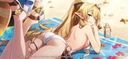 Rule 34 | 1girl, 2020, ahoge, ass, beach, bikini, blonde hair, bow, breasts, brown bow, elinalise dragonroad, flower, grin, hair bow, hair tubes, high ponytail, highres, legs up, long hair, looking at viewer, looking back, lying, medium breasts, mushoku tensei, on stomach, one eye closed, pointy ears, red eyes, red flower, sideboob, smile, solo, summer, sunlight, swimsuit, the pose, thigh strap, untied bikini, very long hair, white bikini, yellow flower